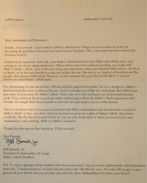 Letter from Maker's Mark about "my" barrel